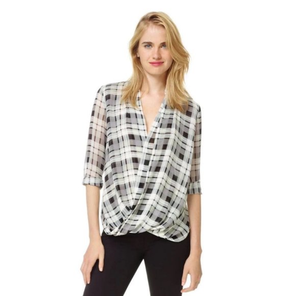 Aritzia 100% Silk Babaton Beau Wrap Draped Plaid Oversized Blouse Shirt Top - L - Picture 7 of 7